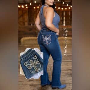 Grace In LA Easy Fit Jeans Size 31 Dark Wash Embellished Cross Pockets ~ Stretch